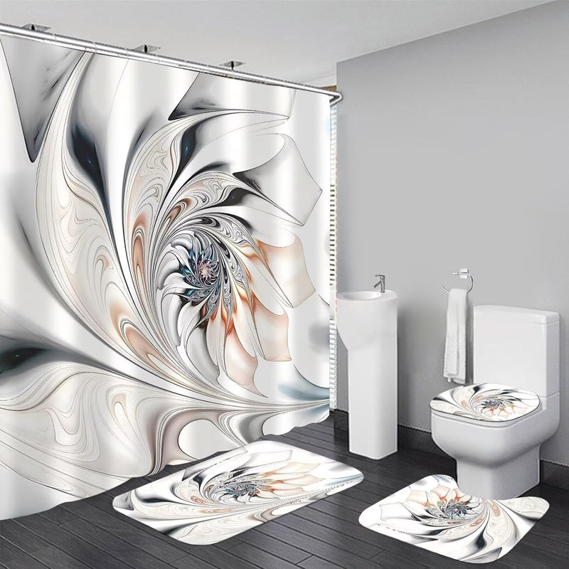DDQQ 4Pcs Abstract Line Pattern Shower Curtain Sets, Bathroom Sets with Shower Curtain, Toilet Lid Rug, Bath Mat and Contour Mat, Shower Curtain with 12 Hooks for Bathroom Set Decor 72 x 72 Inch - Image 1